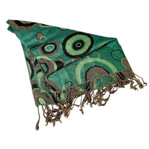 Vintage Silk Blend Women's Green Geometric Pashmina Shawl Wrap Fringe Accents